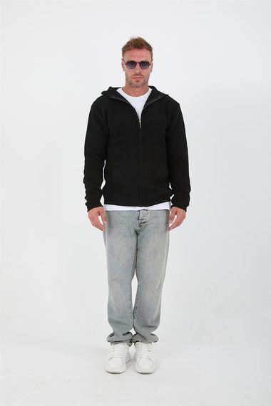 Zippered Ladder Knit Hooded Knitwear Cardigan/Jacket - Black - photo 5