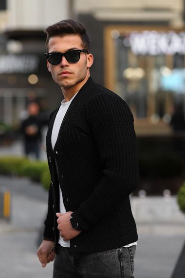 Кардиган с кнопками и вязаным узором Nopenli Fitil - черный, стильный и теплый для осени и зимы, подходит для повседневной и деловой одежды - фото 4