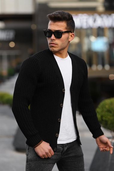 Кардиган с кнопками и вязаным узором Nopenli Fitil - черный, стильный и теплый для осени и зимы, подходит для повседневной и деловой одежды - фото 3