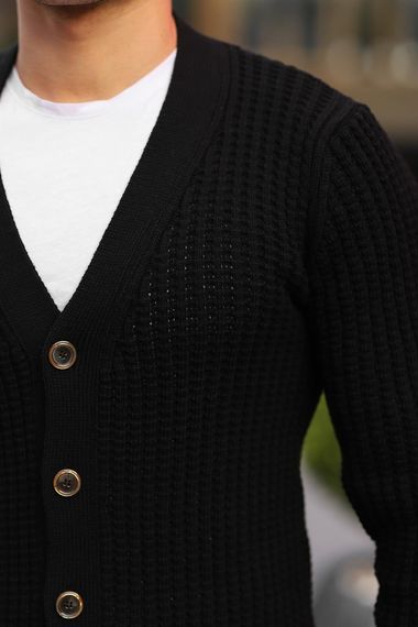 Кардиган с кнопками и вязаным узором Nopenli Fitil - черный, стильный и теплый для осени и зимы, подходит для повседневной и деловой одежды - фото 2