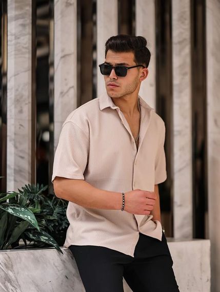 Oversize Ribbed Short Sleeve Shirt - Beige - photo 1