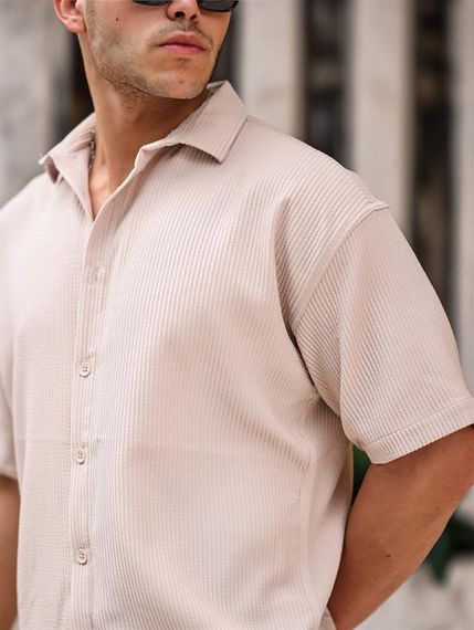 Oversize Ribbed Short Sleeve Shirt - Beige - photo 4
