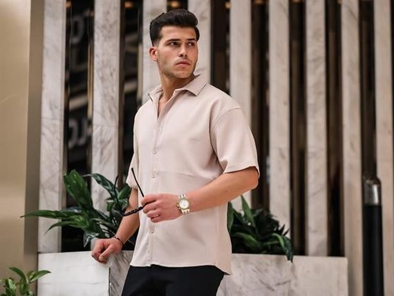 Oversize Ribbed Short Sleeve Shirt - Beige - photo 5