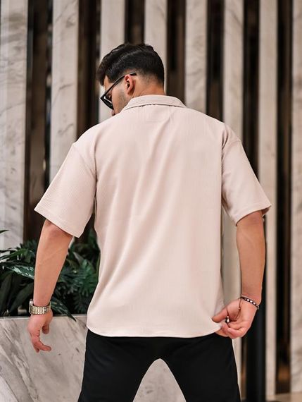 Oversize Ribbed Short Sleeve Shirt - Beige - photo 3