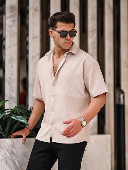 Oversize Ribbed Short Sleeve Shirt - Beige - photo 2