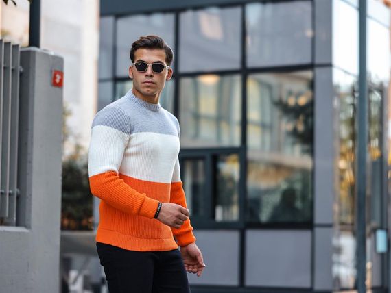 Светр з принтом, круглий виріз - помаранчевий, акриловий, теплий, стильний, розміри XL, L, M - фото 4