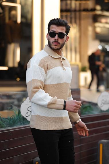Buttoned Polo Neck Half Oversize Striped Knitwear Sweater - Beige - photo 2