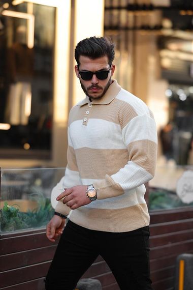 Buttoned Polo Neck Half Oversize Striped Knitwear Sweater - Beige - photo 1