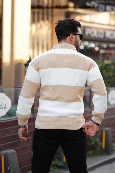 Buttoned Polo Neck Half Oversize Striped Knitwear Sweater - Beige - photo 3