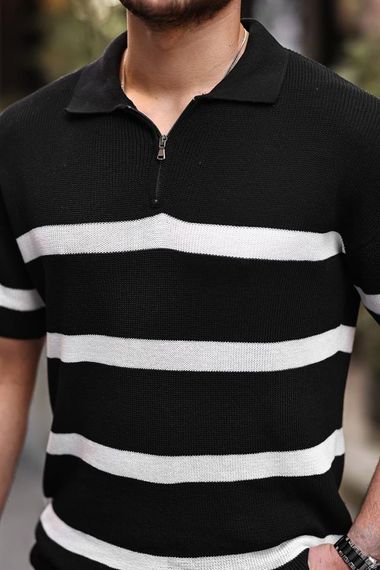 Yarım Fermuar Çizgili Oversize Triko T-Shirt - Siyah - fotoğraf 3