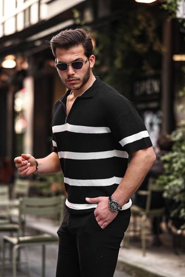 Yarım Fermuar Çizgili Oversize Triko T-Shirt - Siyah - fotoğraf 1
