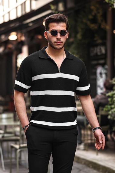 Yarım Fermuar Çizgili Oversize Triko T-Shirt - Siyah - fotoğraf 2