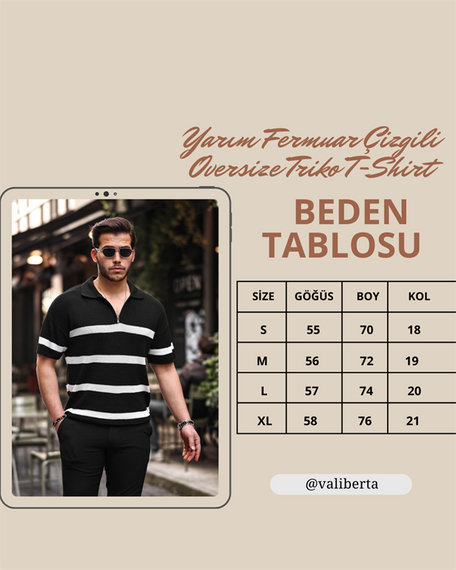 Yarım Fermuar Çizgili Oversize Triko T-Shirt - Siyah - fotoğraf 5