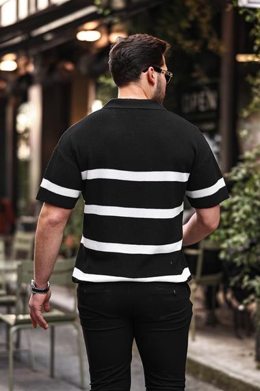 Yarım Fermuar Çizgili Oversize Triko T-Shirt - Siyah - fotoğraf 4