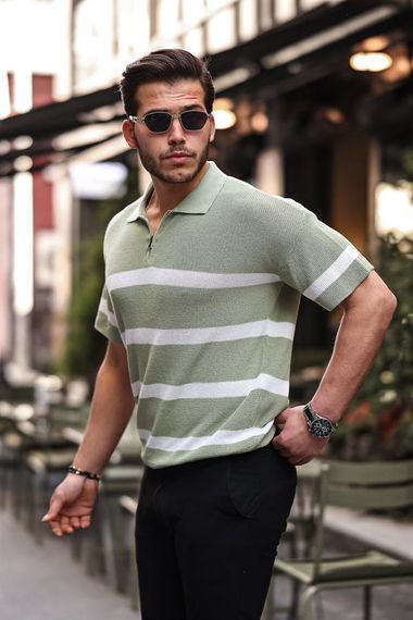 Yarım Fermuar Çizgili Oversize Triko T-Shirt - Yeşil - fotoğraf 1