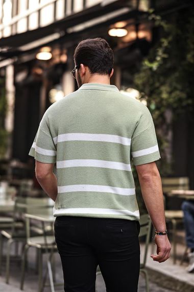 Yarım Fermuar Çizgili Oversize Triko T-Shirt - Yeşil - fotoğraf 3