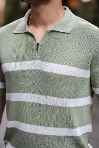 Yarım Fermuar Çizgili Oversize Triko T-Shirt - Yeşil - fotoğraf 2