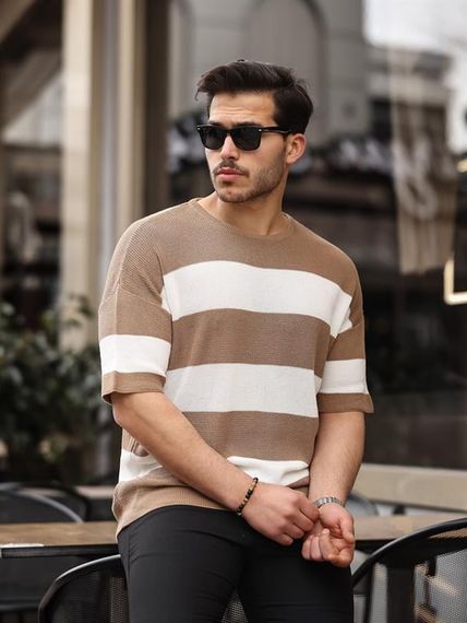 Oversize Çizgili Basic Triko T-Shirt - Bej - fotoğraf 1