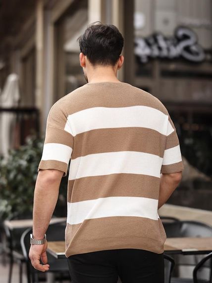 Oversize Çizgili Basic Triko T-Shirt - Bej - fotoğraf 4