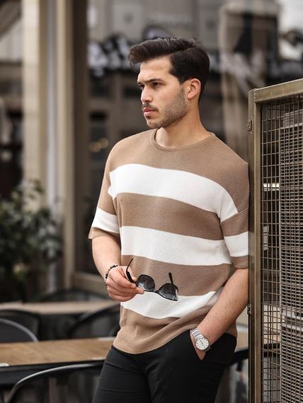Oversize Çizgili Basic Triko T-Shirt - Bej - fotoğraf 2