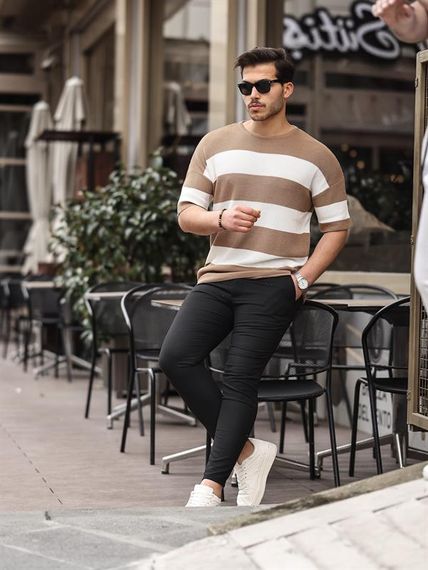 Oversize Çizgili Basic Triko T-Shirt - Bej - fotoğraf 3