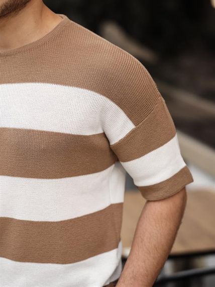 Oversize Çizgili Basic Triko T-Shirt - Bej - fotoğraf 5