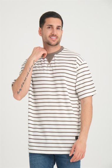 Zarf Yaka Detaylı Çizgili Oversize T-Shirt - Vizon - fotoğraf 4
