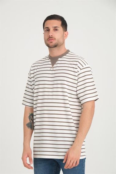 Zarf Yaka Detaylı Çizgili Oversize T-Shirt - Vizon - fotoğraf 1