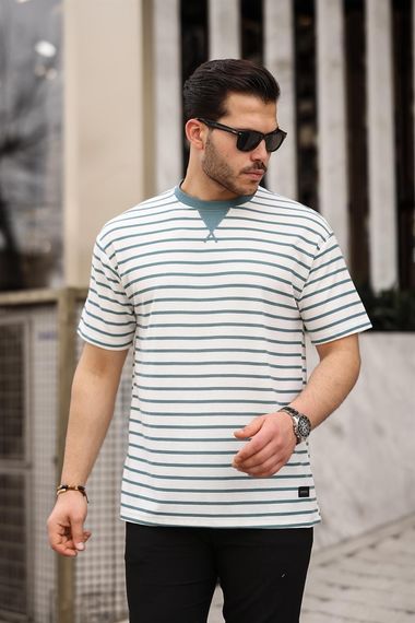 Zarf Yaka Detaylı Çizgili Oversize T-Shirt - Mint Yesili - fotoğraf 2