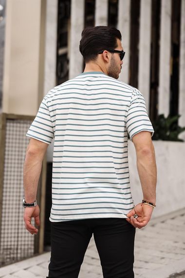 Zarf Yaka Detaylı Çizgili Oversize T-Shirt - Mint Yesili - fotoğraf 3