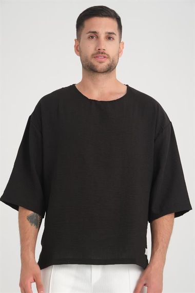 Bisiklet Yaka Fakir Kol Oversize Kısa Kol T-shirt - Siyah - fotoğraf 1