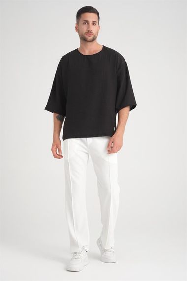 Bisiklet Yaka Fakir Kol Oversize Kısa Kol T-shirt - Siyah - fotoğraf 3