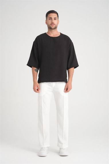Bisiklet Yaka Fakir Kol Oversize Kısa Kol T-shirt - Siyah - fotoğraf 5