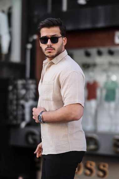 Oversize Müslin Kumaş Tek Cepli Gömlek- Açık Bej - photo 2