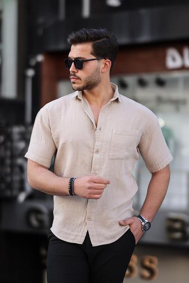 Oversize Müslin Kumaş Tek Cepli Gömlek- Açık Bej - photo 1