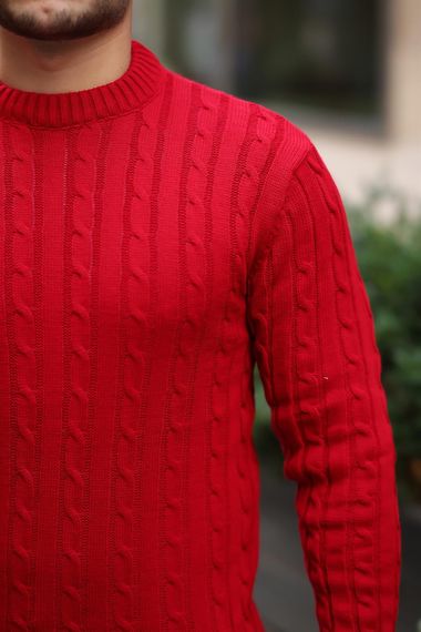 سويت شيرت رجال على شكل دائري بحياكة ضفائر - أحمر - صورة 2