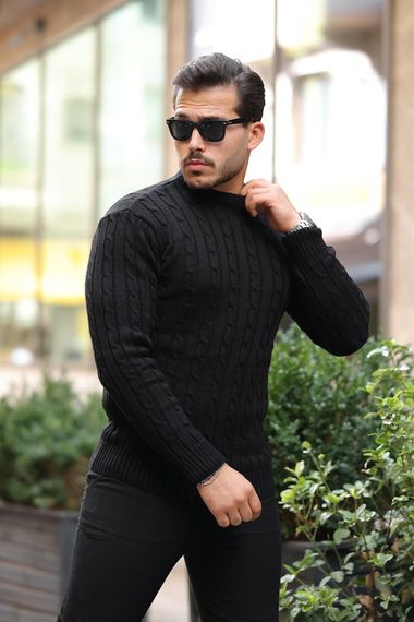 Saç Örgülü Bisiklet Yaka Erkek Triko Kazak - Siyah - photo 5