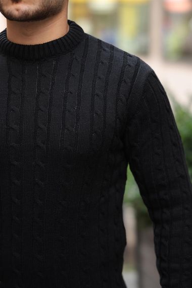 Saç Örgülü Bisiklet Yaka Erkek Triko Kazak - Siyah - photo 2