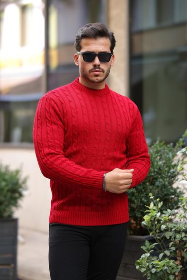 سويت شيرت رجال على شكل دائري بحياكة ضفائر - أحمر - صورة 3