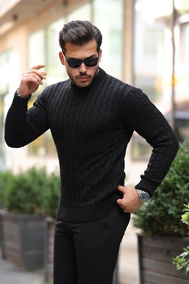 Saç Örgülü Bisiklet Yaka Erkek Triko Kazak - Siyah - photo 4