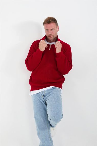 У Oversize пуловер с полузастежкой для мужчин из кенарной вязки - красный - фото 5