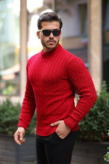 سويت شيرت رجال على شكل دائري بحياكة ضفائر - أحمر - صورة 1