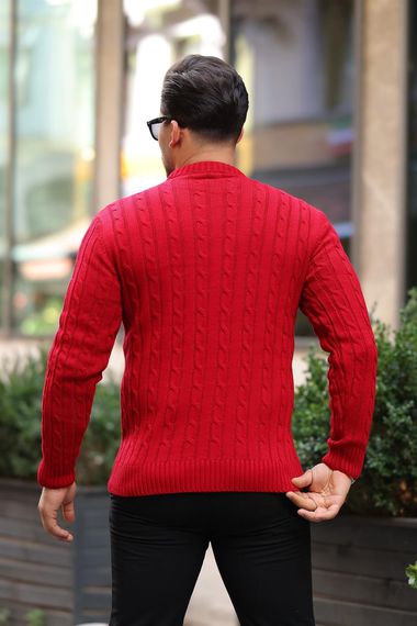سويت شيرت رجال على شكل دائري بحياكة ضفائر - أحمر - صورة 4