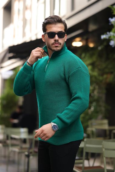 У oversize свитер из техно-вязаного материала с полу-молнией для мужчин, зелёный, 100% хлопок, комфортный и стильный для зимних дней - фото 1