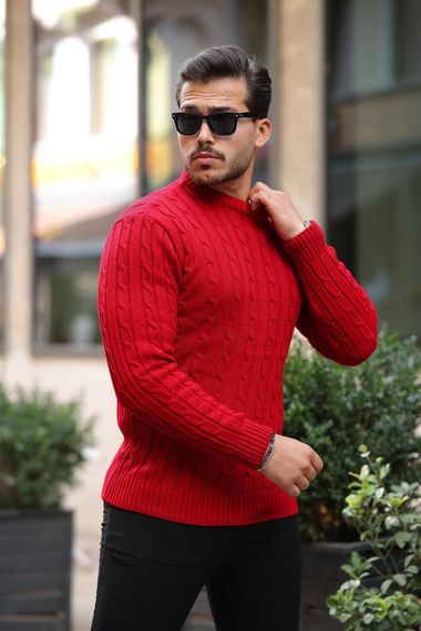 سويت شيرت رجال على شكل دائري بحياكة ضفائر - أحمر - صورة 5