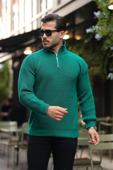 У oversize свитер из техно-вязаного материала с полу-молнией для мужчин, зелёный, 100% хлопок, комфортный и стильный для зимних дней - фото 3
