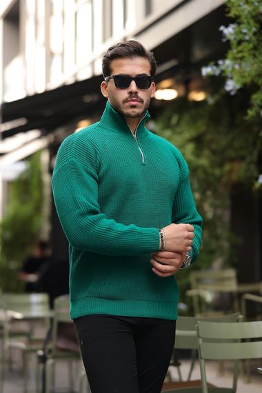 У oversize свитер из техно-вязаного материала с полу-молнией для мужчин, зелёный, 100% хлопок, комфортный и стильный для зимних дней - фото 4