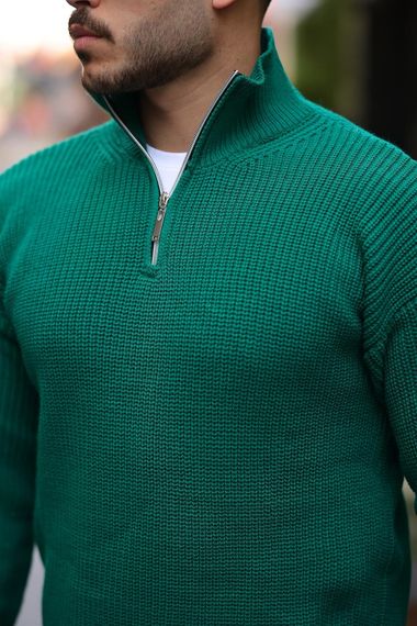 У oversize свитер из техно-вязаного материала с полу-молнией для мужчин, зелёный, 100% хлопок, комфортный и стильный для зимних дней - фото 2