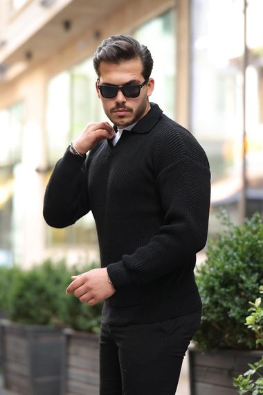 Gömlek Yaka Selanik Örgülü Erkek Triko Kazak - Siyah - fotoğraf 2