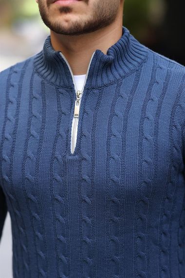 Мужской свитер полуполный молния с косами - индиго, 100% хлопок, комфортный и стильный выбор для холодных дней - фото 3